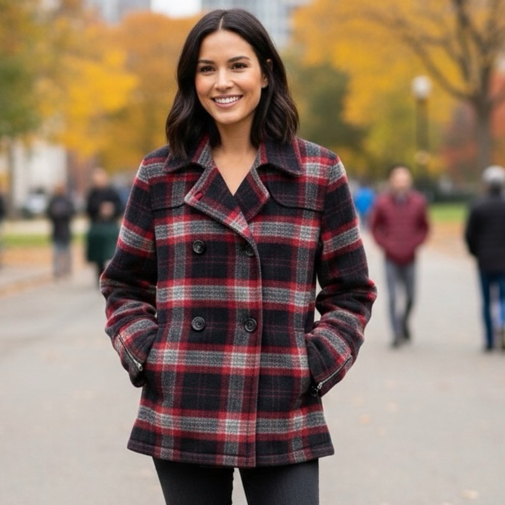 𝅺WOOLRICH Raeburn Red Plaid Wool Peacoat Size M